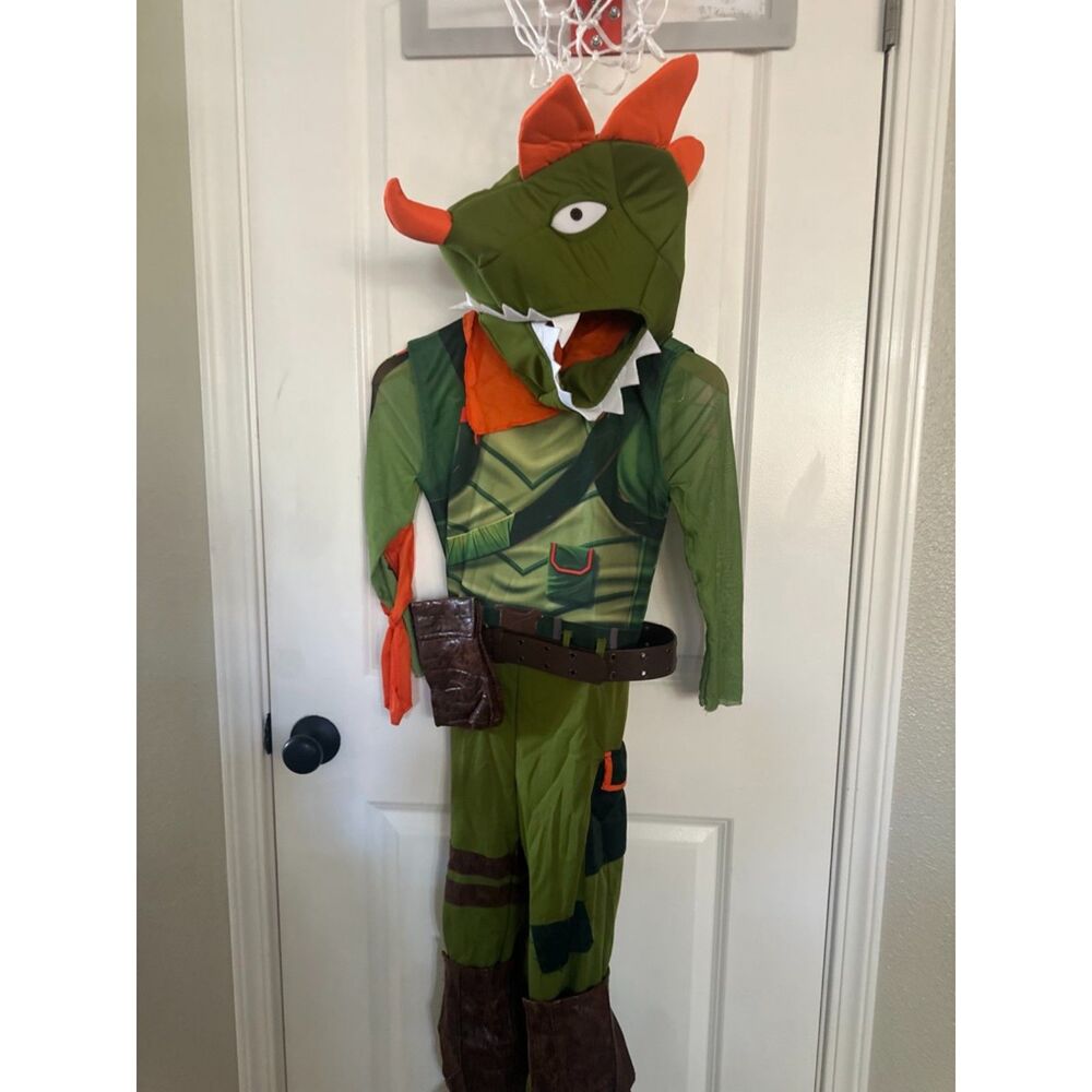 Fortnite REX Costume Jumpsuit Head Piece Belt Gloves & Shin Guards 8-10 Medium